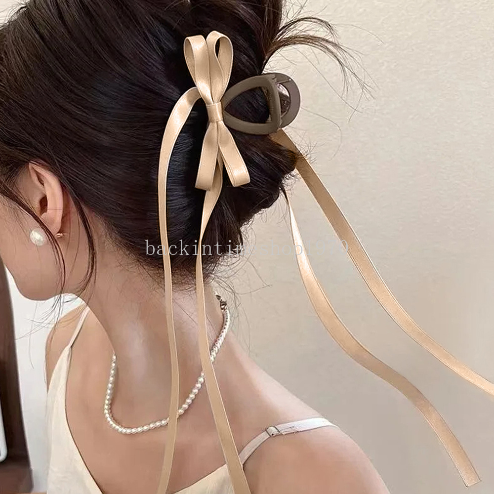 Egelant Women Bowknot Tassels Hair Claw Ponytail Clip Hairpins Bow Long Ribbon Back Head Clip Hair Accessories Sweet