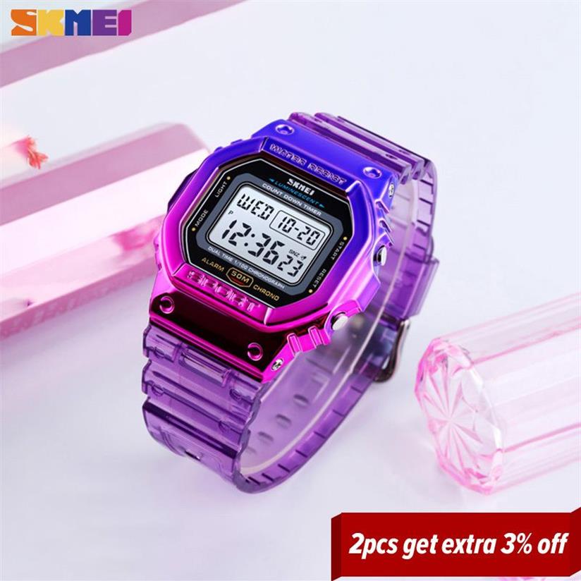 Skmei moda legal meninas relógios caso galvanizado cinta transparente senhora feminino relógio de pulso digital à prova de choque reloj mujer 1622 21308l