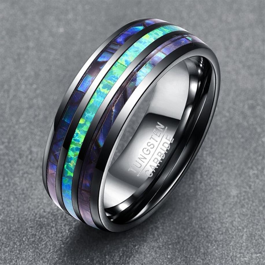 Somen 8 мм Роскошное серебряное кольцо из карбида вольфрама с синим огненным опалом в виде ракушки для мужчин и женщин, свадебное обручальное кольцо Bague Homme MX2002362