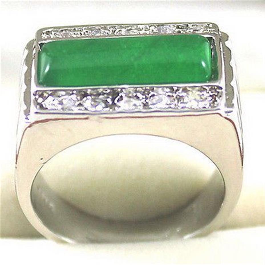 Anel inteiro banhado a ouro branco cristal jade verde esmeralda tamanho 7 8 9304W