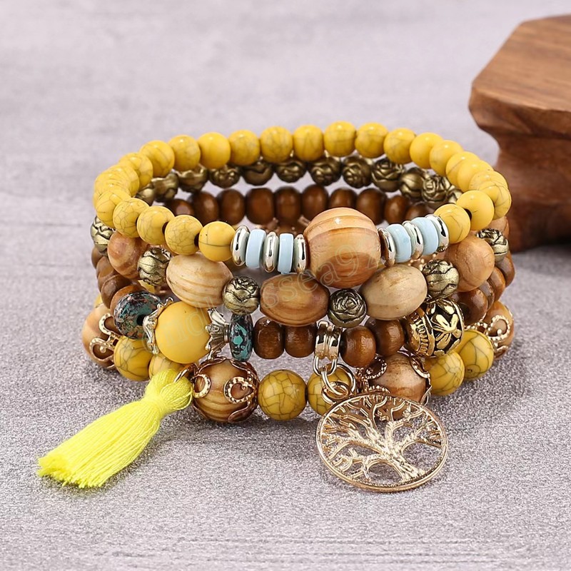 Boho Levensboom Armband Set Voor Vrouwen Mode Kwasten Charme Houten Kralen Elastische Ketting Bangle Meisje Trendy Partij Sieraden