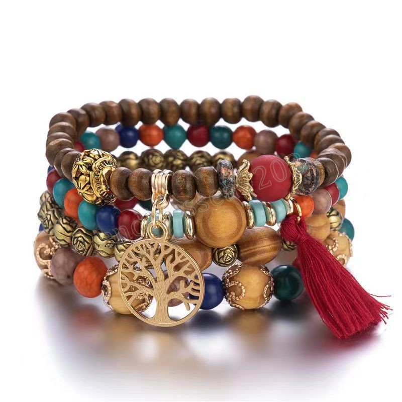 Boho Levensboom Armband Set Voor Vrouwen Mode Kwasten Charme Houten Kralen Elastische Ketting Bangle Meisje Trendy Partij Sieraden