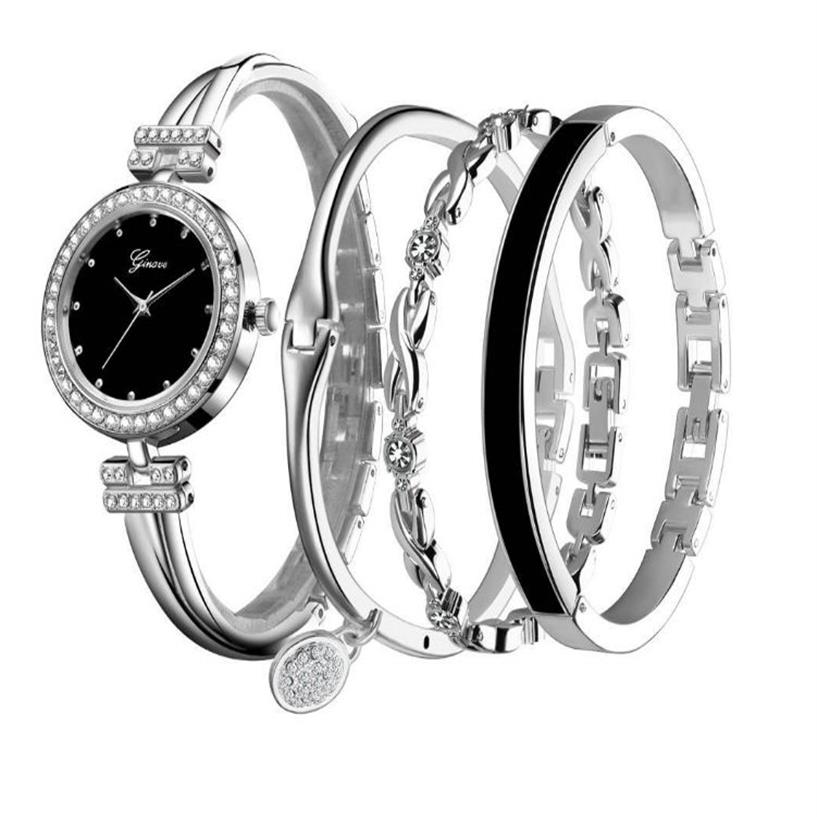 Verkauf von Luxus 4 Stück Sets Damenuhr Diamant Mode Quarzuhren Zarte Dame Armbanduhren Armbänder GINAVE Brand300D