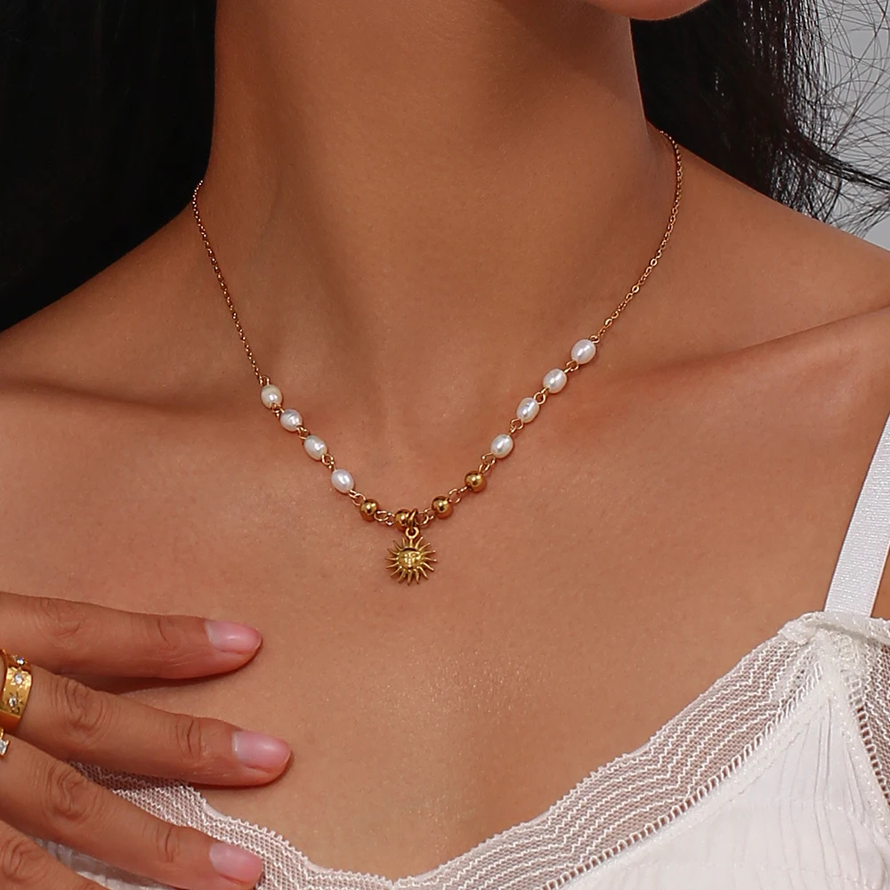 Freshwater Pearl Gold Color Beads Chain Stainless Steel Necklace Optimistic Sun Pendant Necklace For Woman Christmas Gift
