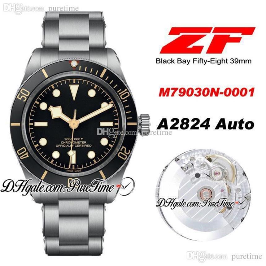 ZF Fifty Eight 39mm A2824 Automatic Mens Watch Red triangle Black Dial Gold White Markers Stainless Steel Bracelet Edition Pu268q