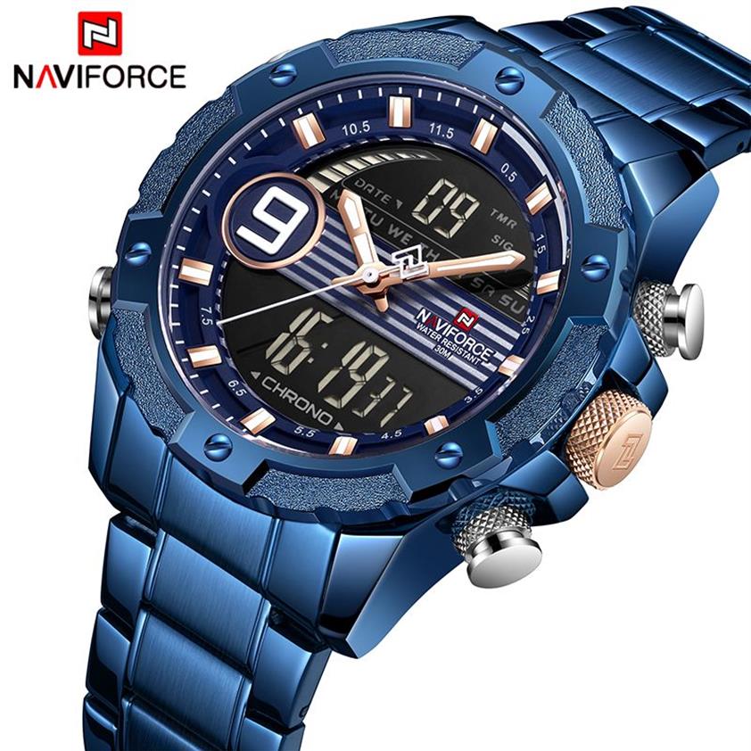 Top marca de luxo naviforce relógios esportivos masculinos quartzo digital analógico relógio homem moda aço completo à prova dwaterproof água relógio pulso244j