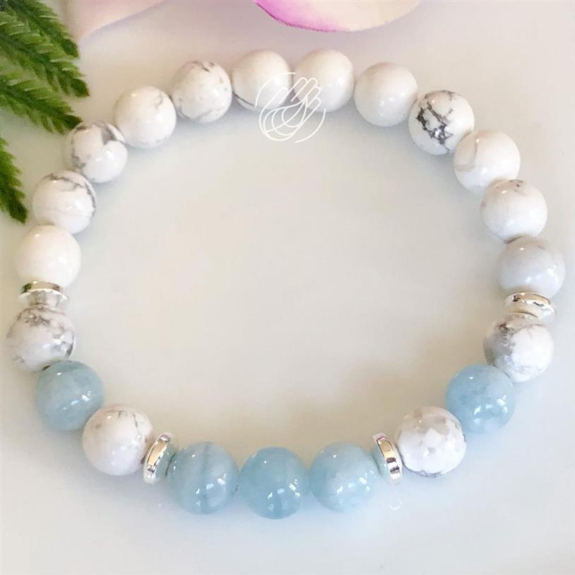 MG1091 Bracciale Aquamarine di alto grado le donne Cristalli di guarigione Yoga Mala Bracciale Naturale Howlite Gemstone Equilibrio Hearling Brace262D