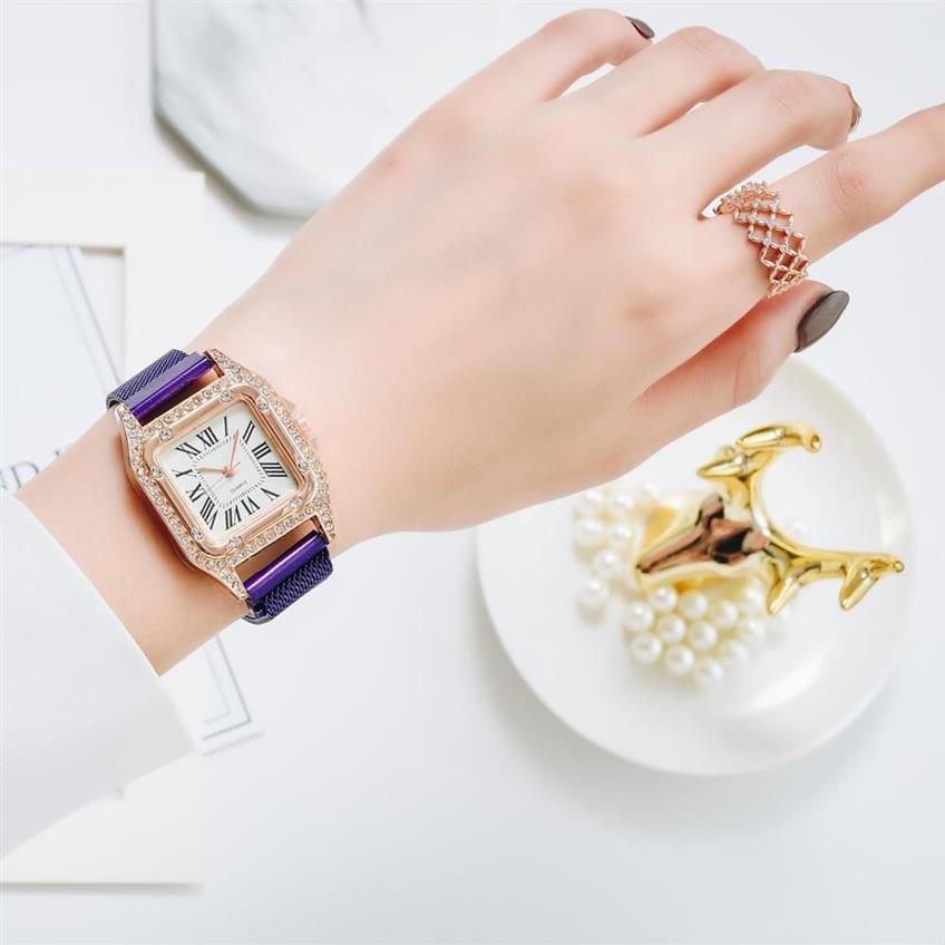 New Watches Women Square Rose Gold Wrist Watches Magnetic Fashion Brand Watches Ladies Quartz Clock montre femme161u