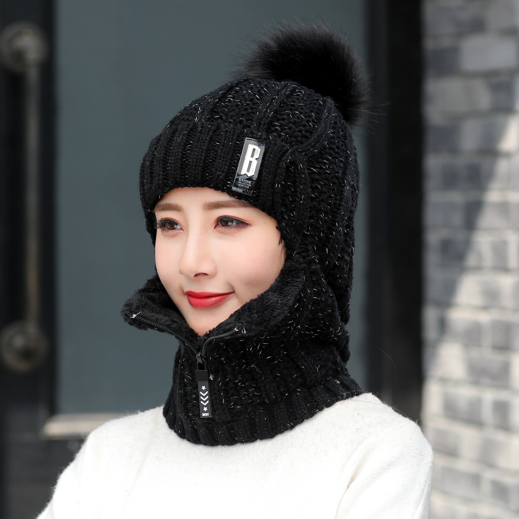 コーラルフリースの女性編み帽子ジッパースカーフを持つ女性のための毛皮の暖かい冬の帽子をかける顔を暖かいバラクラバポンポンズキャップ6色パーティーハットQ860