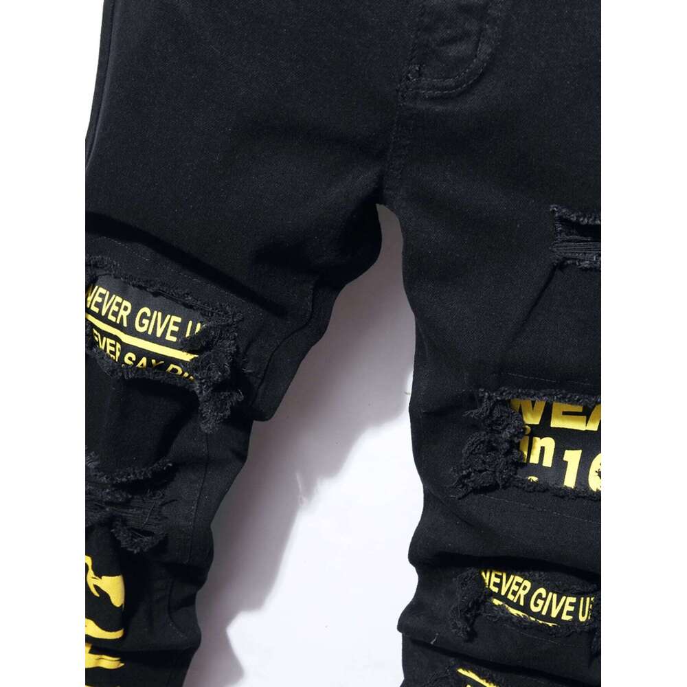 Jeans da uomo neri elasticizzati strappati skinny con stampa di cartoni animati con foro distrutto Jeans slim fit denim hip-hop di alta qualità