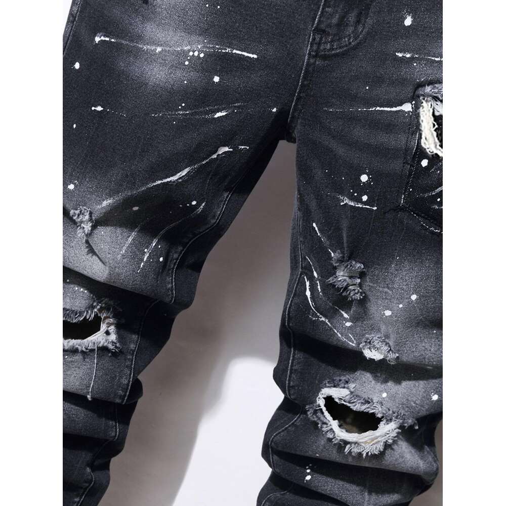 Novo casual rasgado buraco jeans para homens pontos de tinta tinta salpicada algodão macio alta elasticidade etiqueta couro preto cinza calças finas
