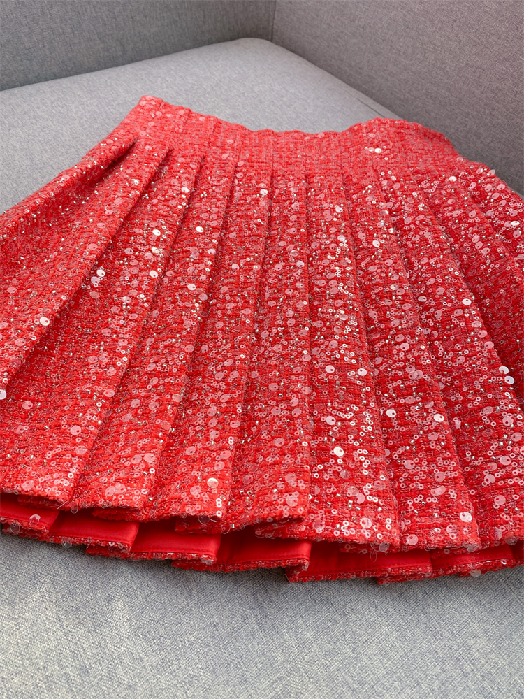 2024 Spring Red Sequins Dwuczęściowe zestawy sukienki z długim rękawem Tweed z pojedynczym płaszczem + wysokiej talii Krótka spódnica Zestaw Dwuczęściowe garnitury W3D284029