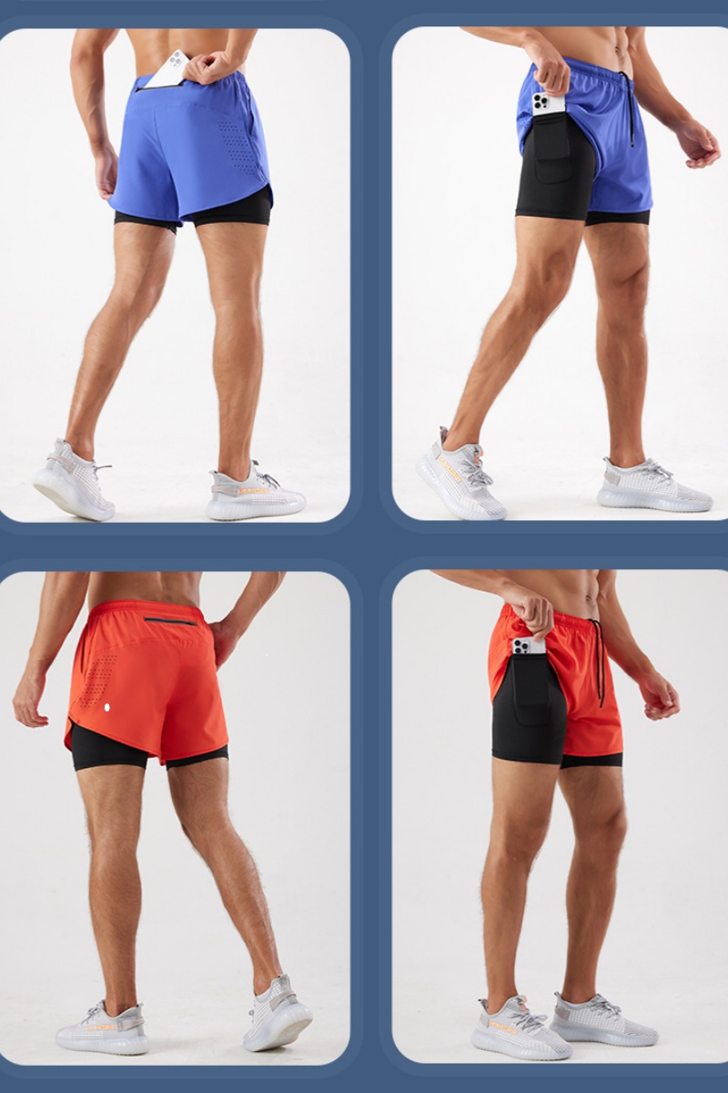 LL Shorts esportivos de verão masculinos de secagem rápida, respirável, camada dupla anti-reflexo, shorts de treinamento falsos de duas peças, shorts de corrida fitness