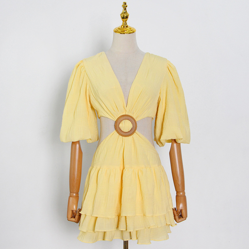 1202 XL 2024 Sukienka Milan Runway Spring V Szyja Krótki rękaw nad kolanem żółta niebieska biała marka ta sama sukienka damska moda Wysoka jakość boka