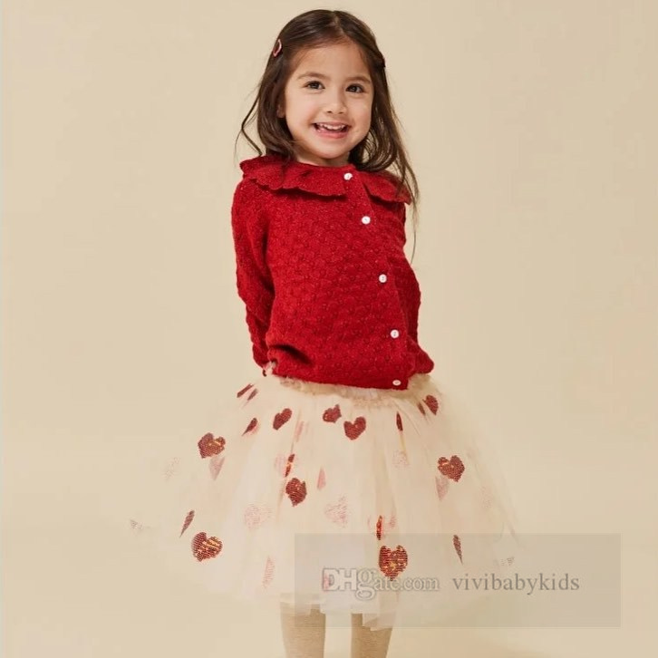 San Valentino set di vestiti bambini ragazze amano cuore maglione lavorato a maglia pullover paillettes gonna in tulle di pizzo 2 pezzi abiti da principessa bambini Z6376