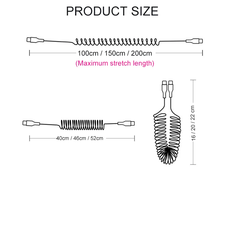 1M Type C to USB C Cable for Car 60W PD Fast Charging Retractable Spring Spiral Cable USB-C/Micro Charger Cord For Samusng S24 S23 Xiaomi iPhone15