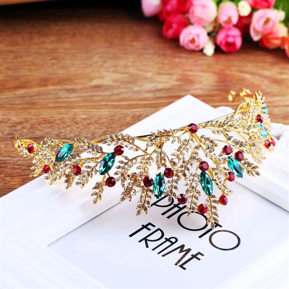 Vintage Gold Rhinestone Green Red Crystal Bridal Tiara Crown Ręcznie robione Noiva Diodem Wedding Hair Akcesoria JL T257Q