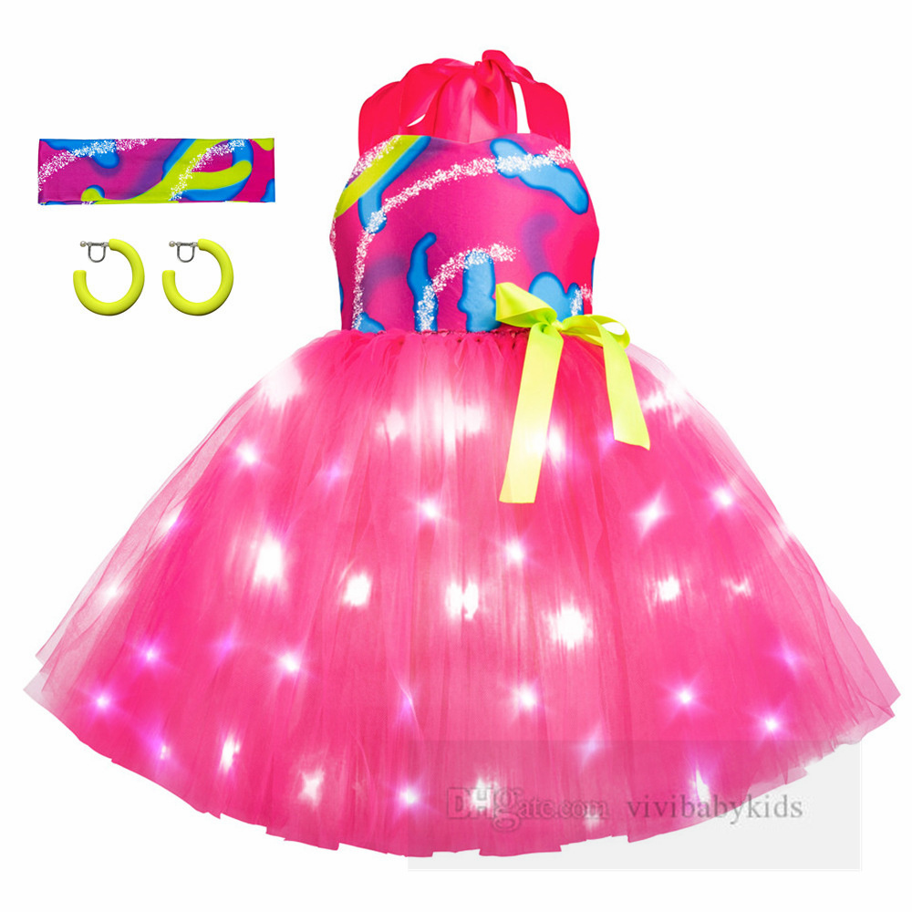 Girls Luminescence Barbie Princess Robes Ball Ball Kids Plaid Plaid Splicing Lace Tulle Robe Enfants Cosplay Party Vêtements Z6358