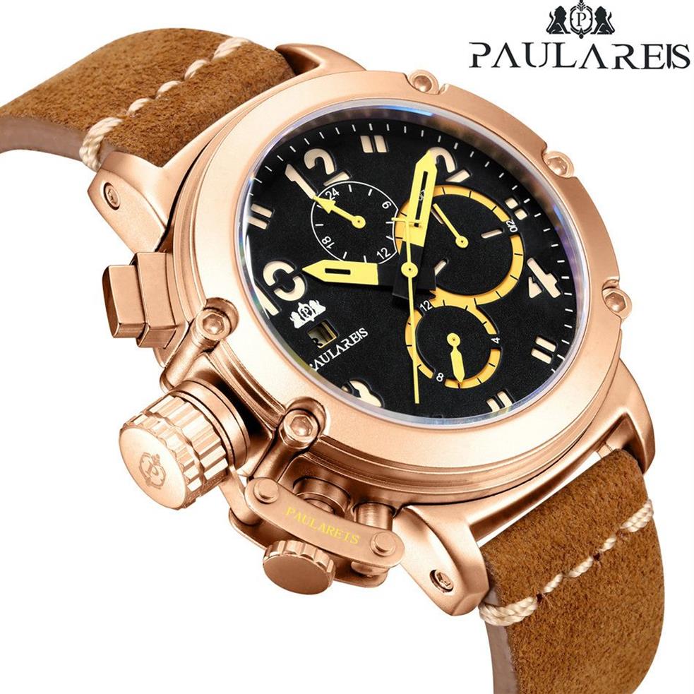 Hommes Automatique Auto Vent Mécanique Véritable Cuir Marron Multifonction Date Bateau Mois Lumineux Limité Or Rose Bronze U Montre L272M