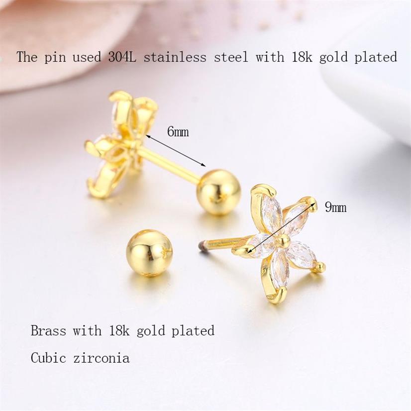 mignons cinq pétales cz pierres de fleur vis en arrière boucles d'oreilles pour femmes pour bébés filles filles or couleurs bijoux de piercing aros1296v