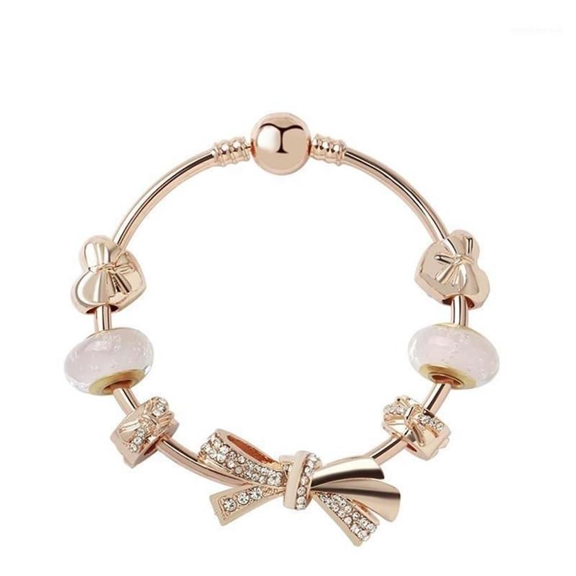 Moda originale Pandoras 925 argento oro rosa vetro brillante arco bracciali braccialetti set gioielli fai da te perline di fascino regalo di festa Bang312R