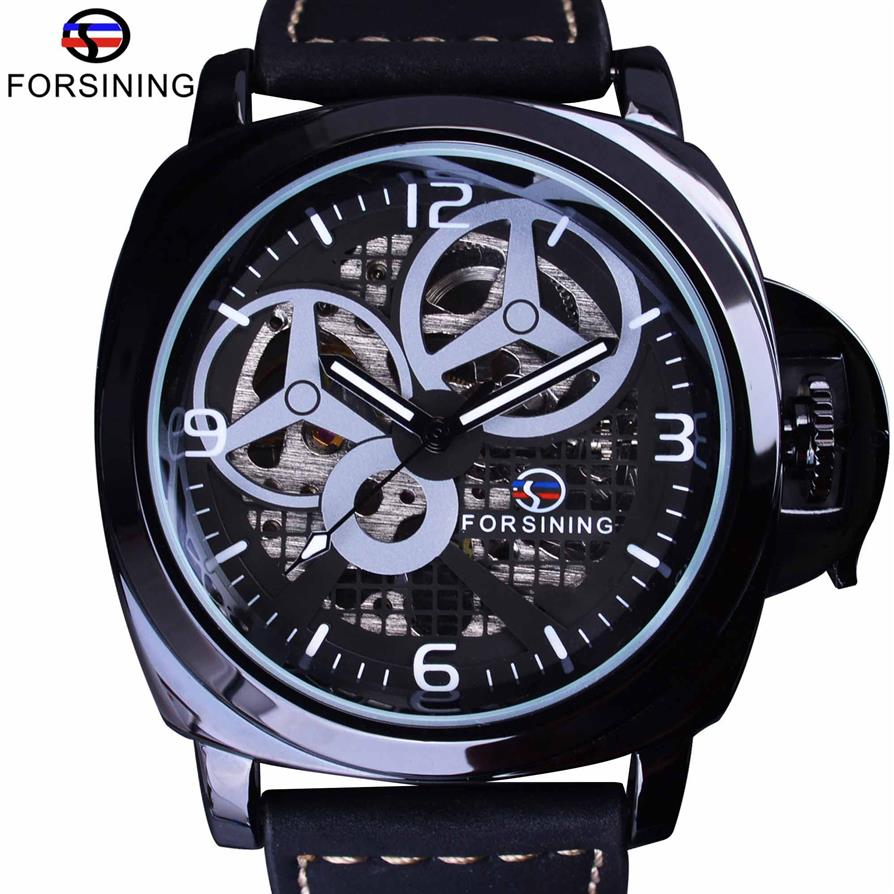 Forsining Full Black watch Skeleton Case Windmill Designer Suede Strap Military Watch Men Watch Top Brand Luxury Automatic Wrist W249H