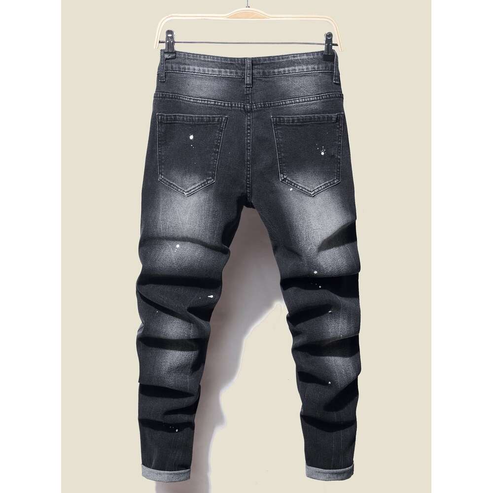 Novo casual rasgado buraco jeans para homens pontos de tinta tinta salpicada algodão macio alta elasticidade etiqueta couro preto cinza calças finas