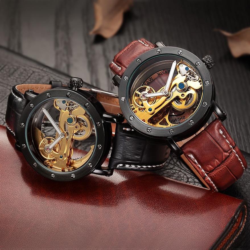 Relogio Masculino Shenhua 자동 기계식 Tourbillon Watches 남자 최고 브랜드 고급 가죽 밴드 투명 해골 시계 D182773