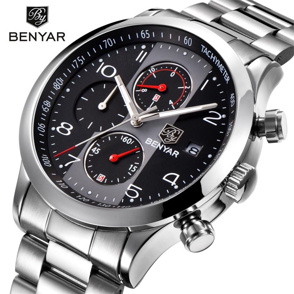 Benyar Fashion Chronograph Sport Watches Men Stainless Steel Strap Brand Quartz Watch Clock LeLogio Masculino reloj hombre black287s