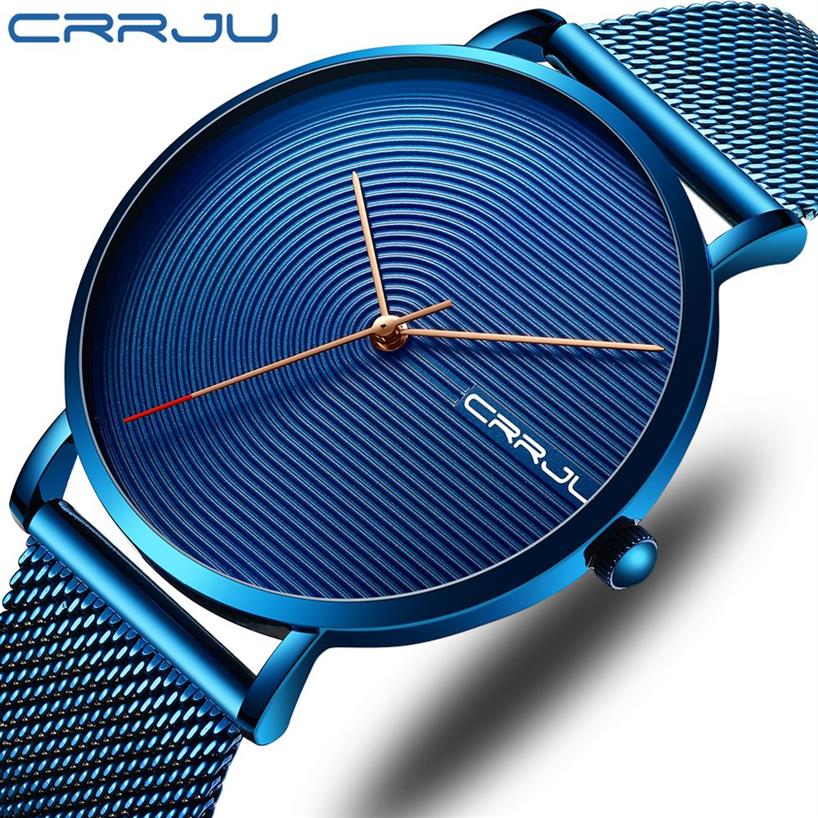 CRRJU Luxury Men Watch Fashion Minimalist Blue Ultra-thin Mesh Strap Watch Casual Waterproof Sport Men Wristwatch Gift for Men352A