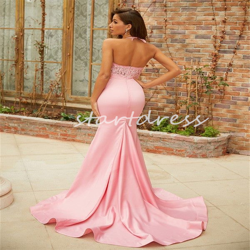 Simple Pink Prom Dress Sexy Halter Neck Lace Mermaid Tight Evening Dress Backless Sweep Train Formal Party Dress Korean Birthday Occasion Engagement Dress 2024