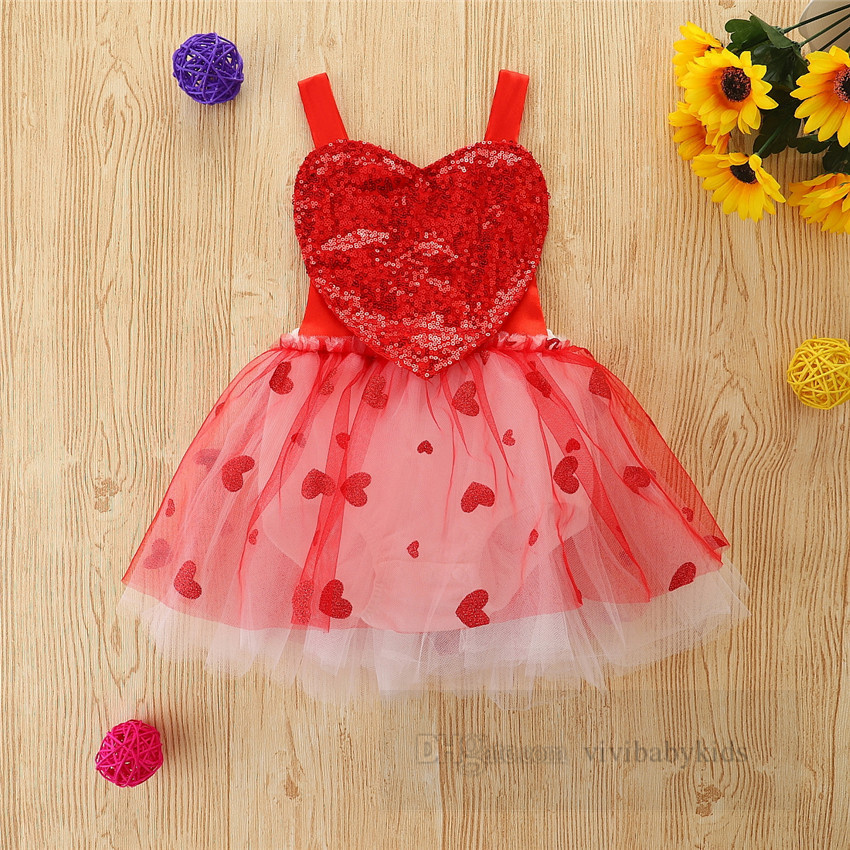 2024 Sommer Kleine Mädchen Pailletten Liebe Herz Hosenträgerkleid Kinder Bögen rückenfreies Spitzentüllkleid Valentinstag Kinder Partykleidung Z6377