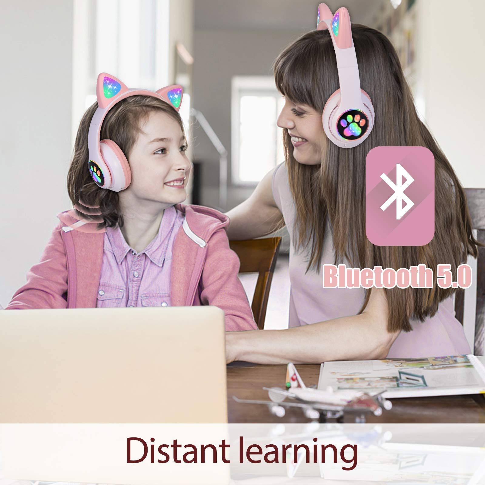 마이크가있는 무선 헤드폰, LED LILD UP OVER EAR OUT EAR WIONSE HEADPHONE for Children Girls iPad/Tablet/PC/생일 선물