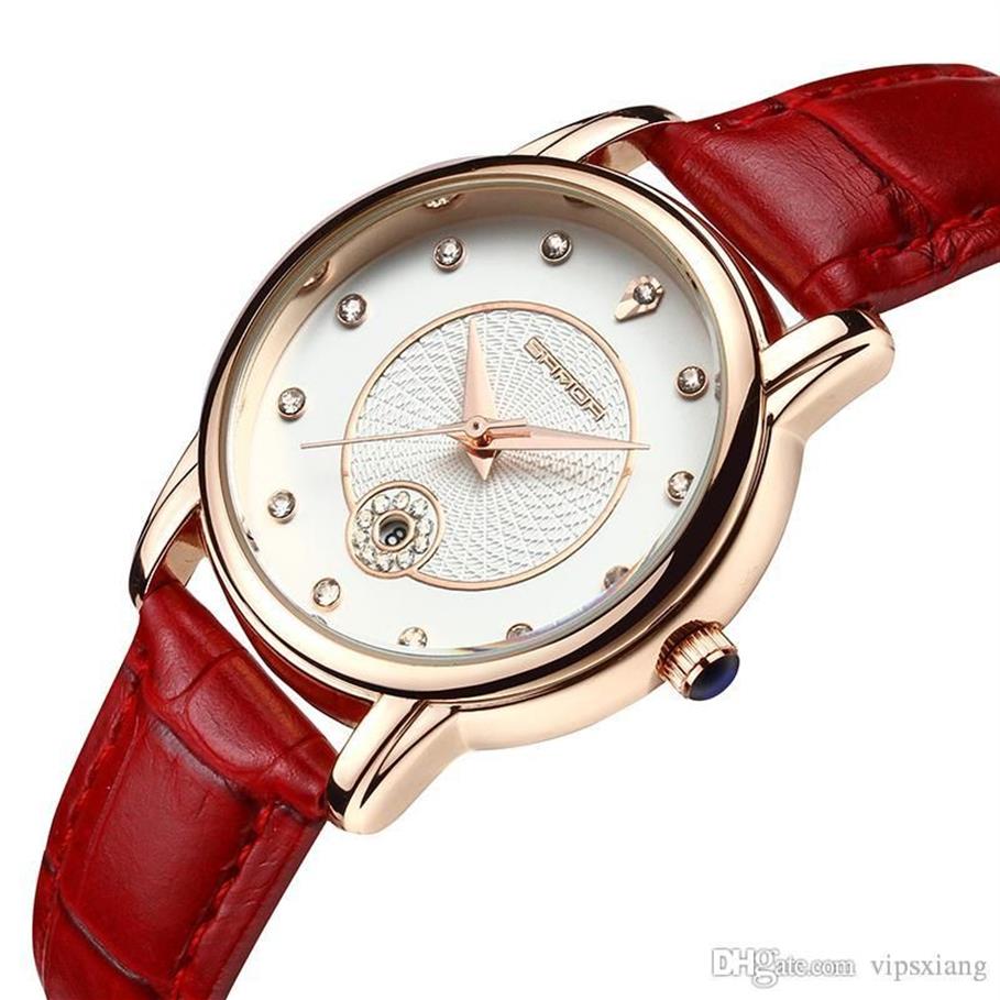 Damesmode horloge kalender Quartz Horloge Strass Rood Wit Zwart lederen band meisje Casual sporthorloges waterdicht luxu259T