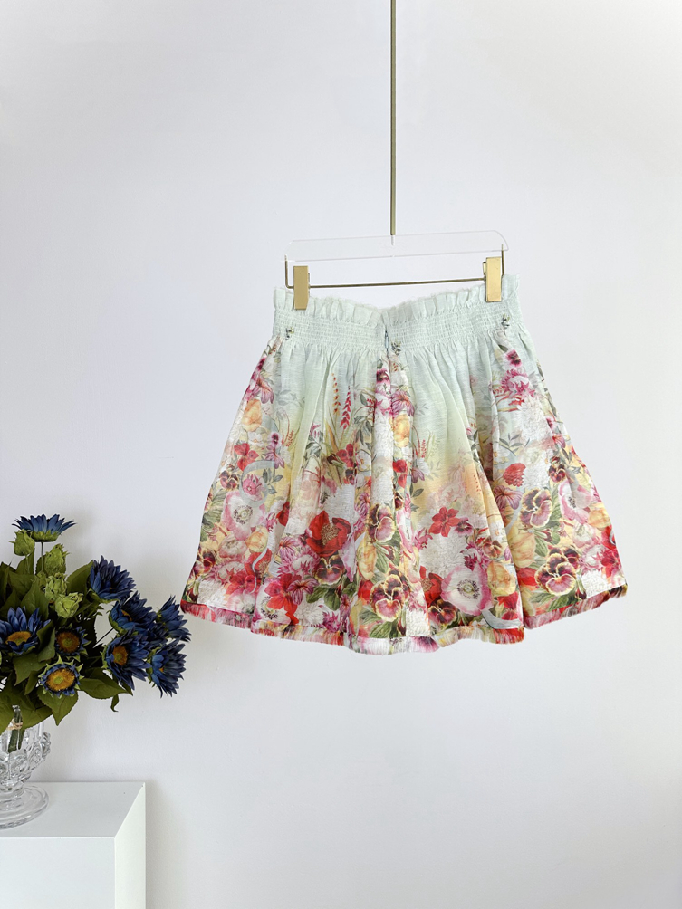 12.28 Holiday Temperament Silk Linen Floral Print Ruffle Ruched Tassel Hem Mini kjol Kvinnor