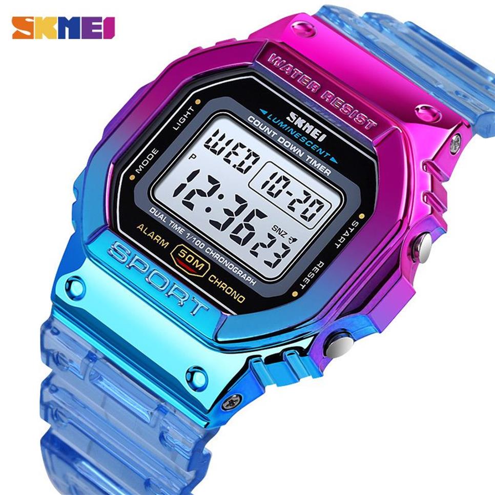 Skmei moda legal meninas relógios caso galvanizado cinta transparente senhora feminino relógio de pulso digital à prova de choque reloj mujer 1622 21308l