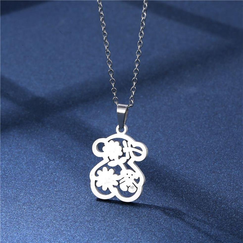 Collier ours en acier inoxydable, boucles d'oreilles mignonnes, petit ensemble pour femme, chaîne de pull à fleurs brillantes européennes et américaines, bijoux 214L