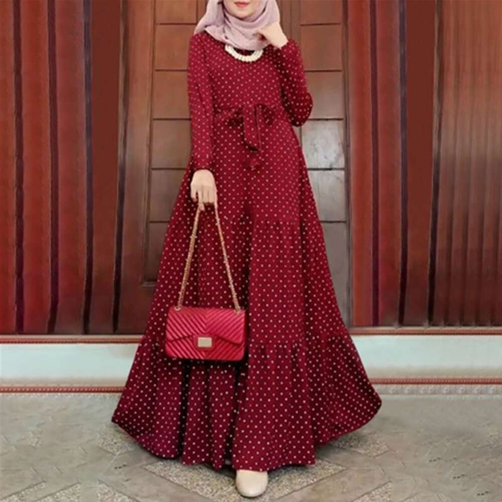 Neues muslimisches marokkanisches Polka-Dot-Kleid mit langen Ärmeln und modischem Bund, Sonnenkleid, Party-Robe