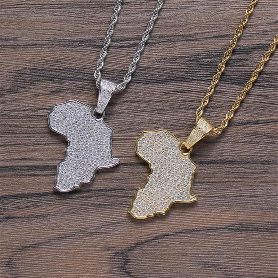 Chaînes en cuirs CZ bijoux africa carte pendentif pendant glacé hors zircon cubique collier hip hop bijoux CN237323p