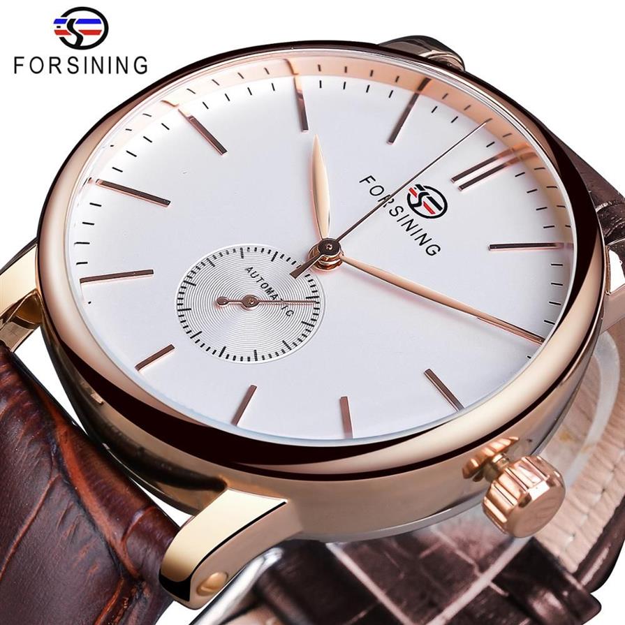 Forsining moda masculina relógio mecânico rosa caso de ouro sub dial relógios esportivos couro genuíno alta qualidade cavalheiro relógio reloj208c