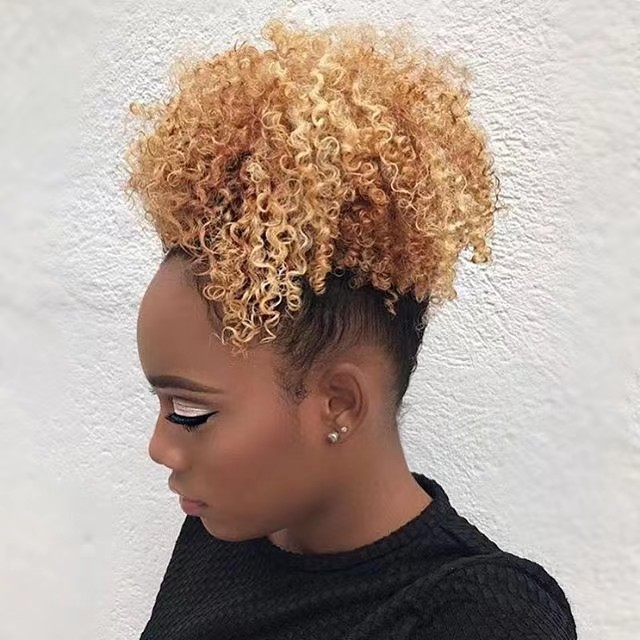Honey blonde kinky curly pony tail hair piece puff afro bun drawstring clip ins raw virgin brazilian hair extension hairpiece blond clip in ponytail chignon updo 120g