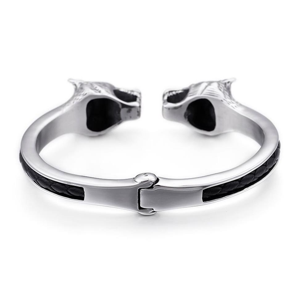 Cuir noir de haute qualité avec grand motard en acier inoxydable 316L ouvert bracelet manchette de tête de loup ouverte 8 mm 67 mm inne285a