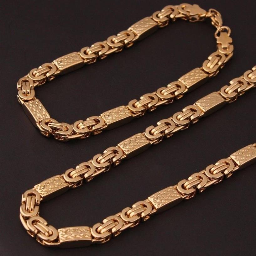 6mm 8mm Gold Tone 316L Stainless Steel Necklace And Bracelet Byzantine Flat Chain Jewelry Set Men Jewelry Gift2285