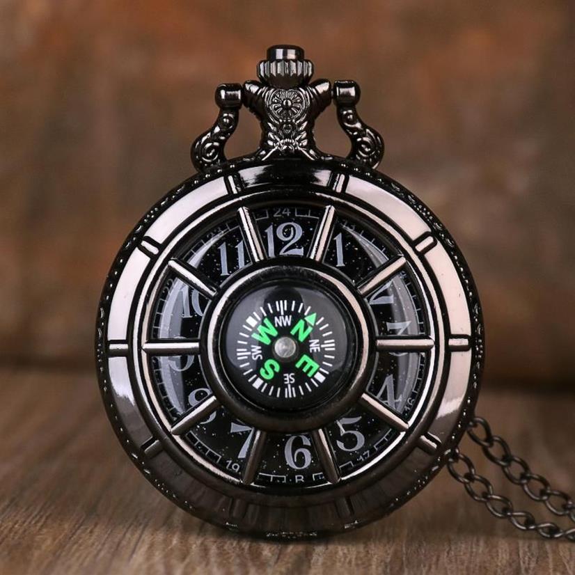 Montres de poche Boussole Design de mode Vintage Creux Squelette Montre Noir Étoilé Cadran Rond Antique Pendentif Horloge Cadeaux Hommes Femmes 2114