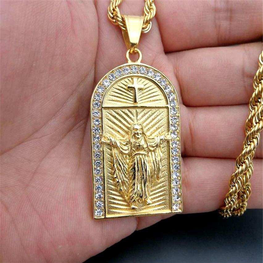 Hip Hop lodowany krzyż Jezus Naszyjniki wisiorki złoty kolor stalowy łańcuch ze stali nierdzewnej dla kobiet mężczyzn chrześcijański krucyfiks biżuterii xl1224251o