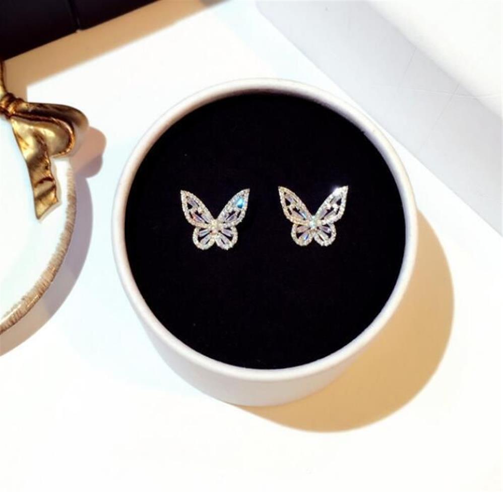 Diamond Butterfly Stud Earrings Women Sweet Simple Fashion Jewelry 925 Sterling Silver Wedding Butterfly Earring for Girls Gift299f