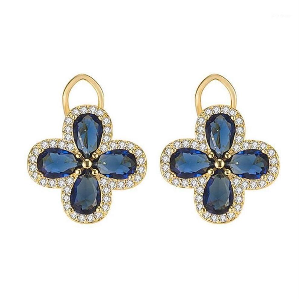 Stud Vintage Royal Clover Mavi Kristal Safir Taşlar Elmas Küpeler Kadınlar İçin Altın Renk Takıları Bijoux Party Accessorie1299c