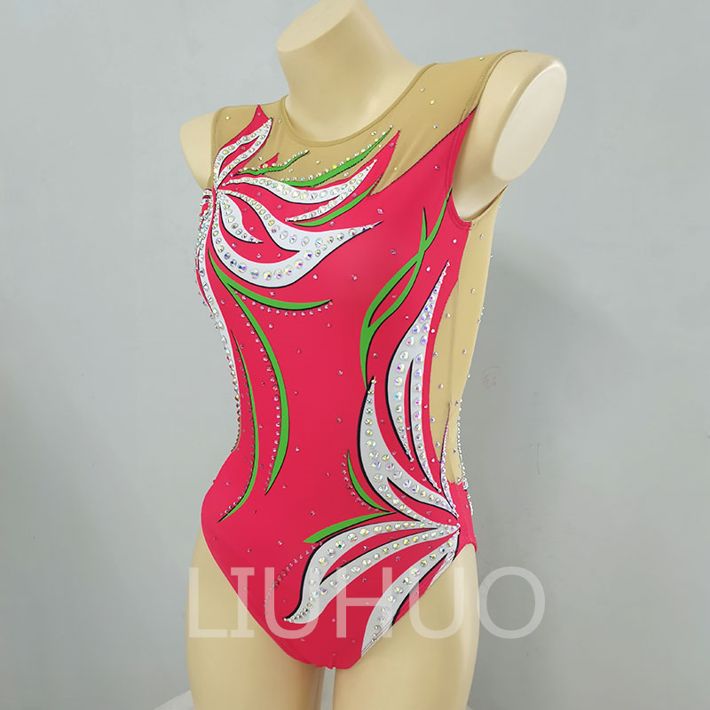 Liuhuo Customize Colors Synchronized Swimming Suits 여자 품질 크리스탈 스트레반덱스 품질 라인트 스킬 팀 공연 핑크