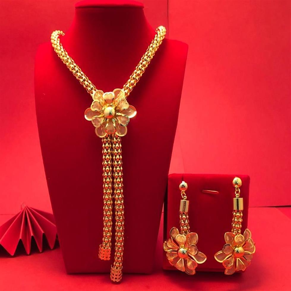 Kolczyki Naszyjnik 24K Dubaj Złotne Kolor Zestawy biżuterii dla kobiet Afrykańskie Indie Party Wedding Weldant Biżuteria Zestaw zaręczynowy Prezenty 230V