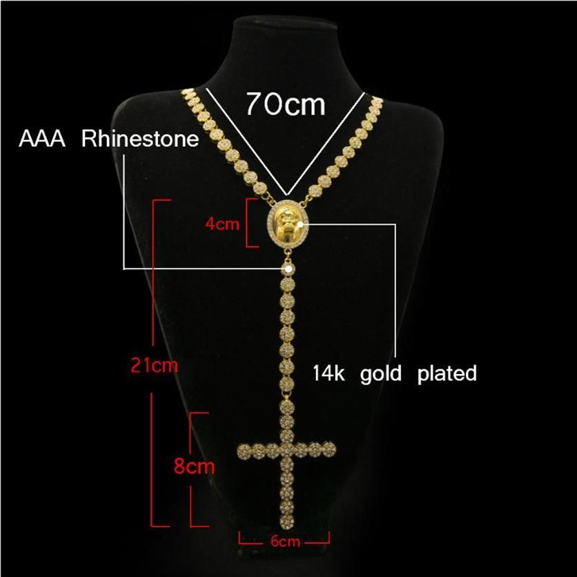 Uwin Iced Out Rosary Flower Collier Link Bling Rhingestone Gold Cross Jesus Head Pendant Mens Hip Hop Collier Chain 307c